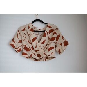 ASTR The Label Crop‎ Top Blouse Abstract Print Short Sleeve Beige Brown S